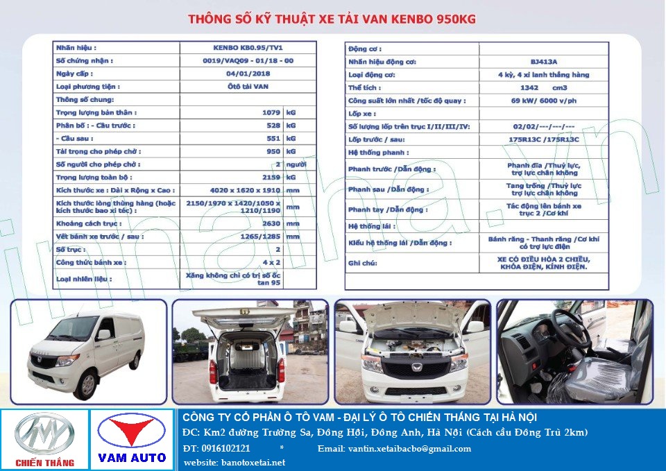 Thông số kỹ thuật xe tải VAN Kenbo 950kg